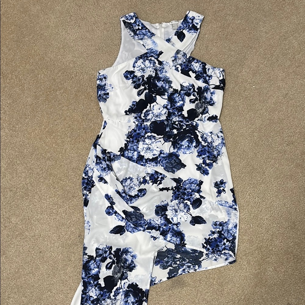 VENUS Floral Blue and White Asymmetrical Women's Dress, Cross Neckline, Size 10